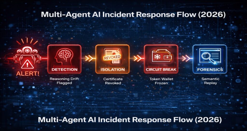 Enterprise multi-agent AI incident response flow 2026 showing detection, isolation, circuit breaker and semantic forensics.
