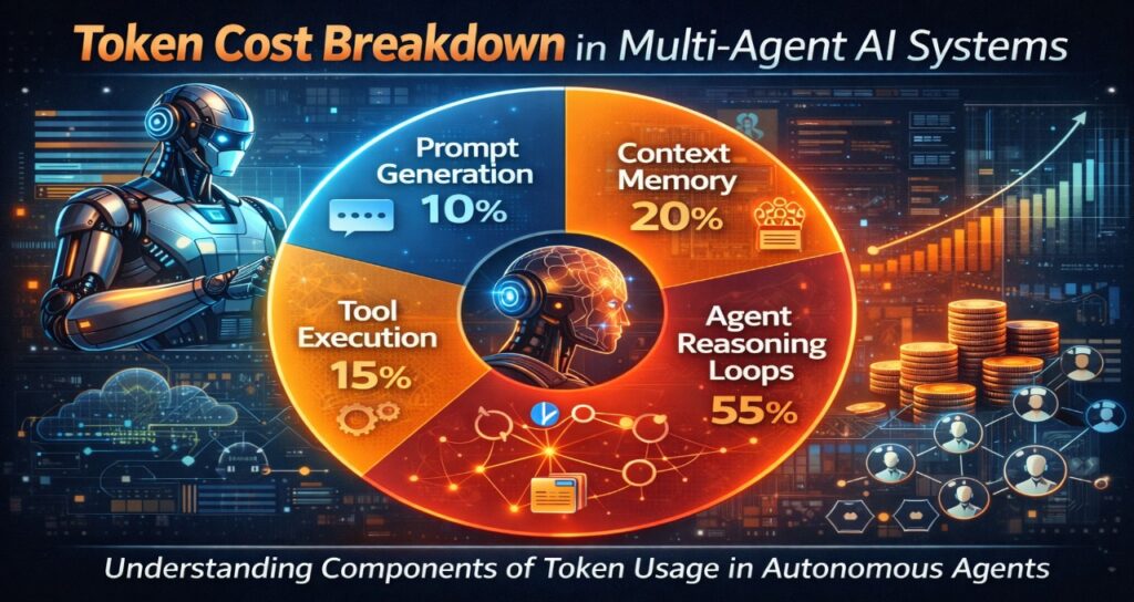 Infographic explaining token cost breakdown in multi-agent AI systems including prompt generation, context memory, tool execution, and agent reasoning loops.