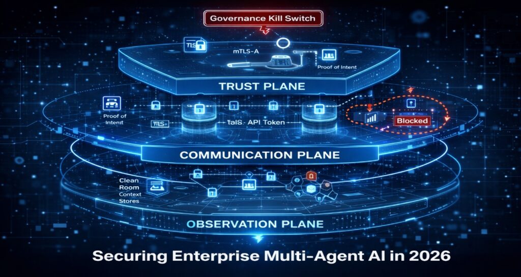 Multi-agent security stack 2026 showing Trust Plane, Communication Plane, Observation Plane and governance kill switch architecture.