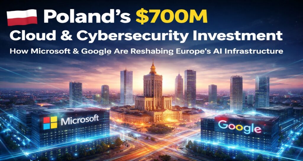 Poland $700M cloud and cybersecurity investment 2026 featuring Microsoft and Google AI infrastructure expansion in Warsaw skyline.