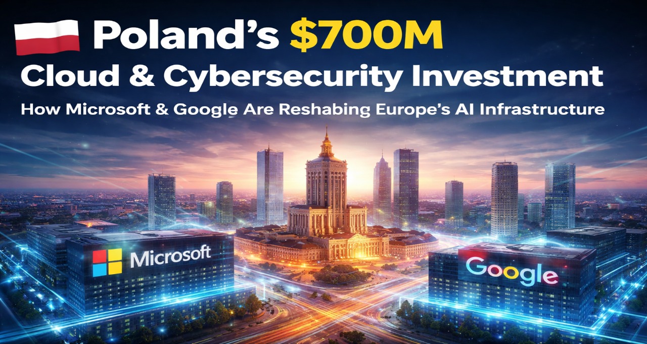 Poland $700M cloud and cybersecurity investment 2026 featuring Microsoft and Google AI infrastructure expansion in Warsaw skyline.