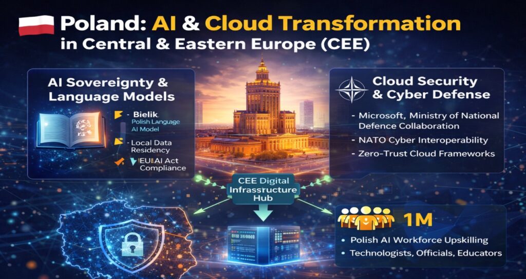 Infographic showing Poland AI and cloud transformation framework including cybersecurity defense, AI sovereignty, and workforce upskilling across Central and Eastern Europe.