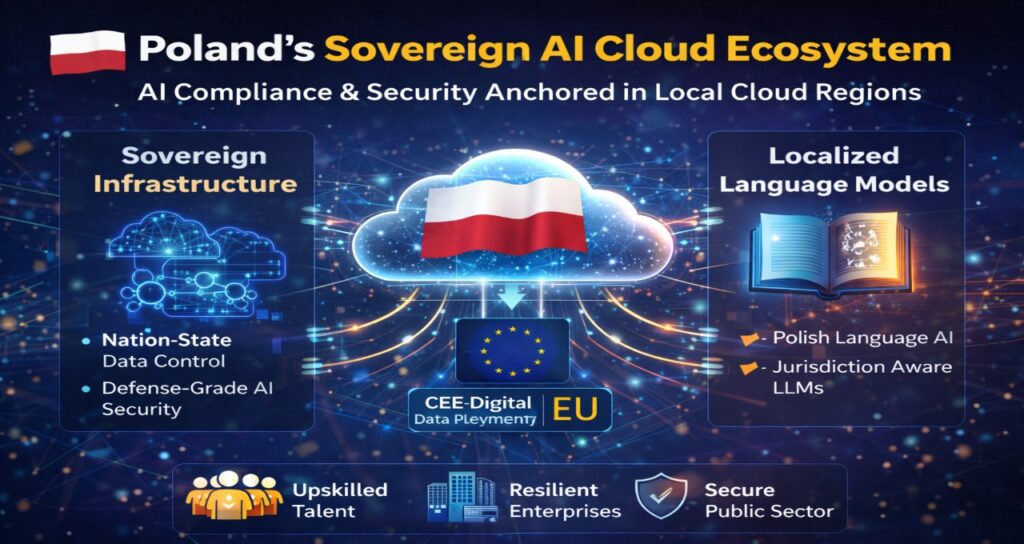 Poland sovereign AI cloud ecosystem infographic showing EU compliance architecture, national data control, and localized AI language models in 2026.