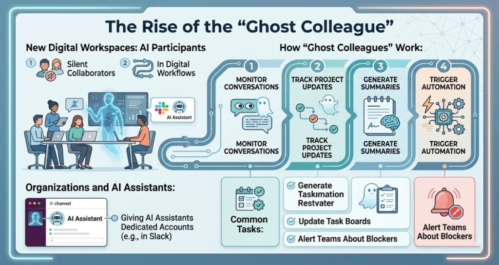 An infographic illustrating how AI assistants, acting as "ghost colleagues," monitor conversations, track projects, generate summaries, and trigger automation within digital workspaces.
