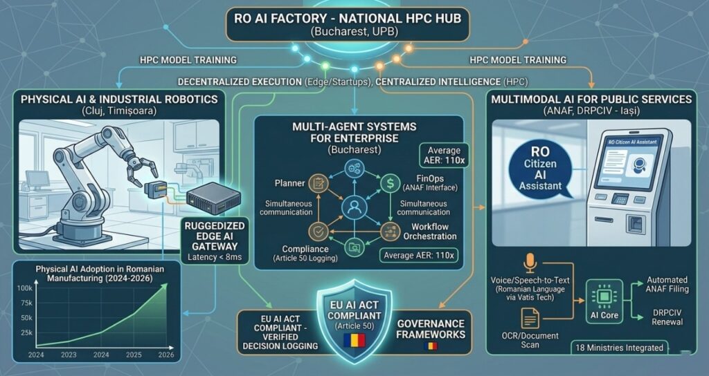Map-based infographic of Romania's national AI infrastructure nodes in Bucharest, Cluj, Timisoara, and Iasi connected to the RO AI Factory hub.
