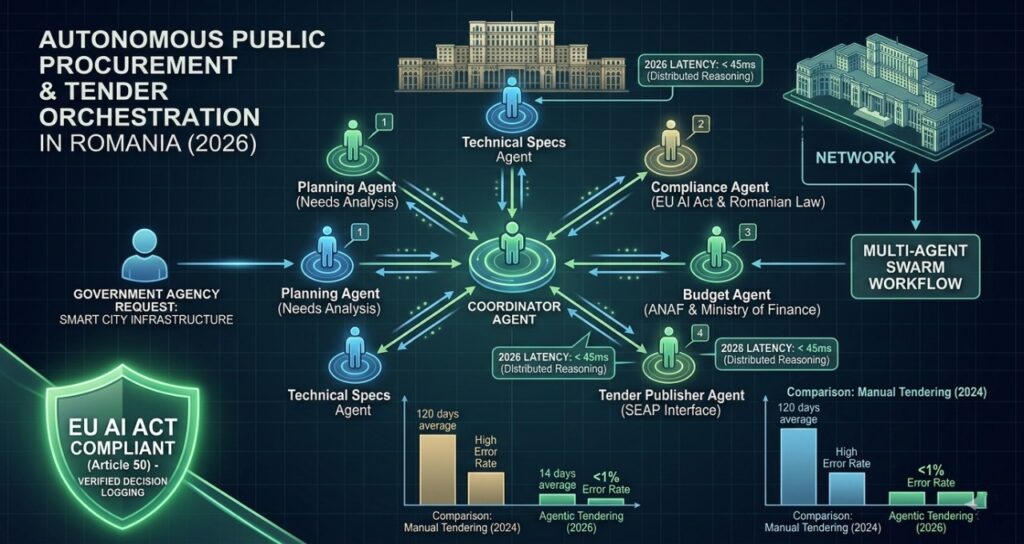 Government AI agent workflow for public procurement in Romania featuring ANAF, SEAP, and EU AI Act compliant decision logging.