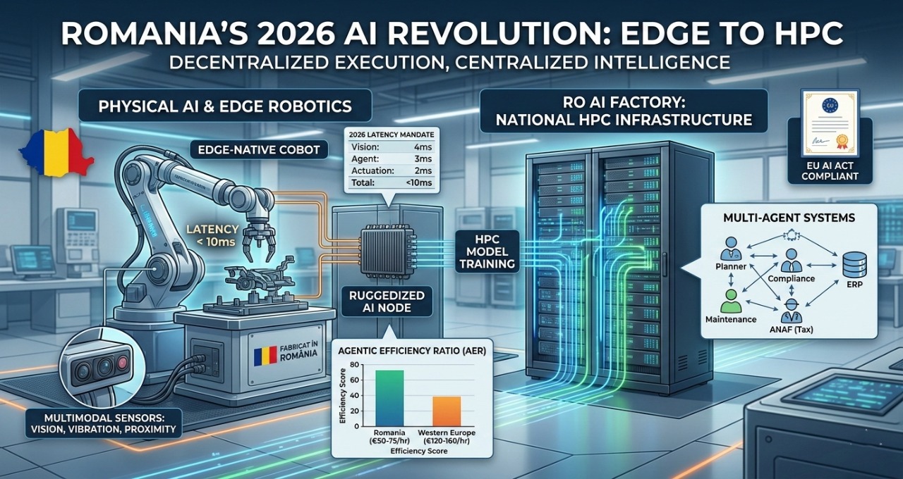 Physical AI architecture in a Romanian automotive factory featuring edge computing nodes and robotic arms for real-time manufacturing.