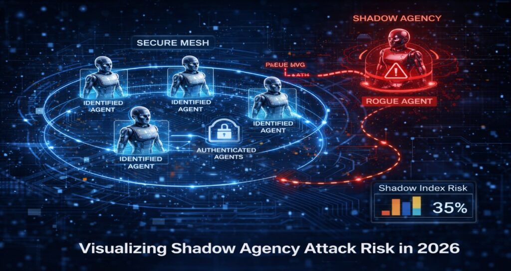 Shadow agency rogue AI agent attacking enterprise secure mesh 2026 governance risk visualization.