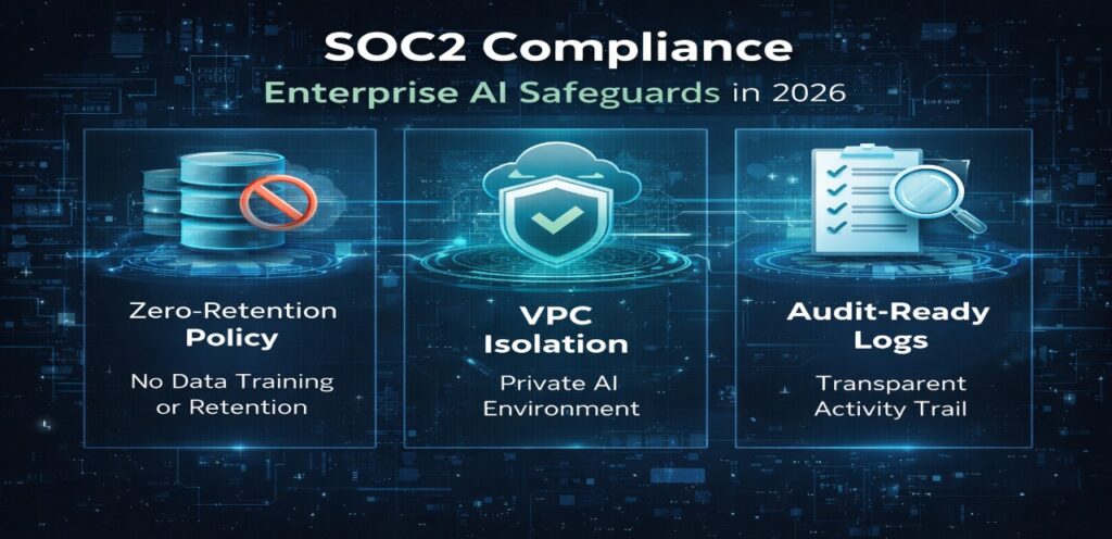 This infographic highlights the three foundational pillars of SOC2 AI compliance: zero-retention data policies, VPC-based isolation, and audit-ready logging systems. It explains how these safeguards ensure enterprise AI tools operate securely, protect sensitive data, and maintain compliance with regulatory standards.