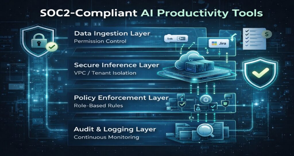 SOC2 AI trust stack architecture showing data ingestion, secure inference, policy enforcement, and audit logging layers
