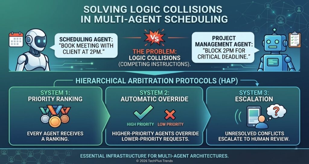 A technical 16:9 infographic titled "Solving Logic Collisions in Multi-Agent Scheduling." The top section illustrates "The Problem" with a vs. battle between a Scheduling Agent trying to book a meeting and a Project Management Agent blocking time for a deadline. The bottom section outlines the "Hierarchical Arbitration Protocols (HAP)" solution in three steps: 1. Priority Ranking (every agent gets a rank), 2. Automatic Override (high-priority overrides low-priority), and 3. Escalation (unresolved conflicts go to human review).