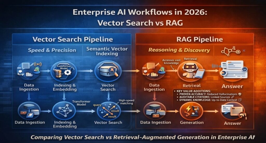 Vector search vs RAG workflow comparison showing data ingestion embedding retrieval and answer generation process in enterprise AI systems