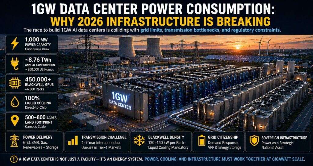 1GW AI data center power consumption in 2026 showing Blackwell GPU clusters, liquid cooling systems, and hybrid energy infrastructure