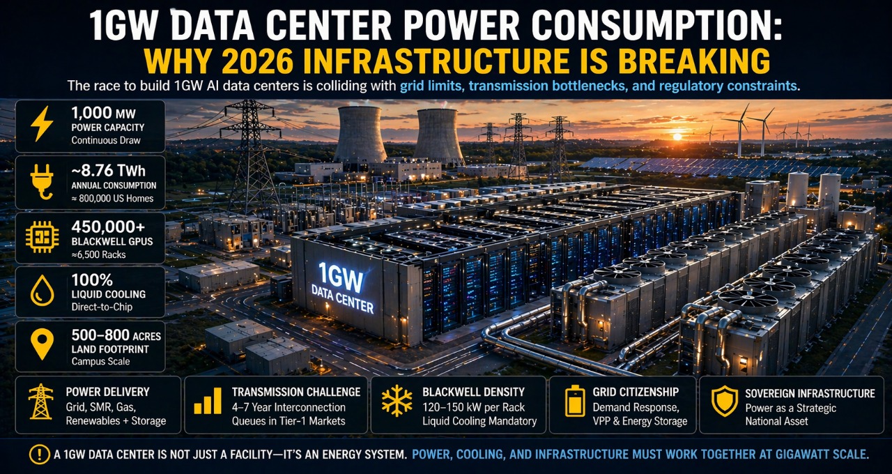 1GW AI data center power consumption in 2026 showing Blackwell GPU clusters, liquid cooling systems, and hybrid energy infrastructure
