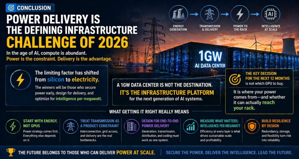 1GW AI data center showing power delivery infrastructure challenge in 2026 with transmission lines, energy generation, and liquid-cooled racks illustrating shift from silicon to electricity