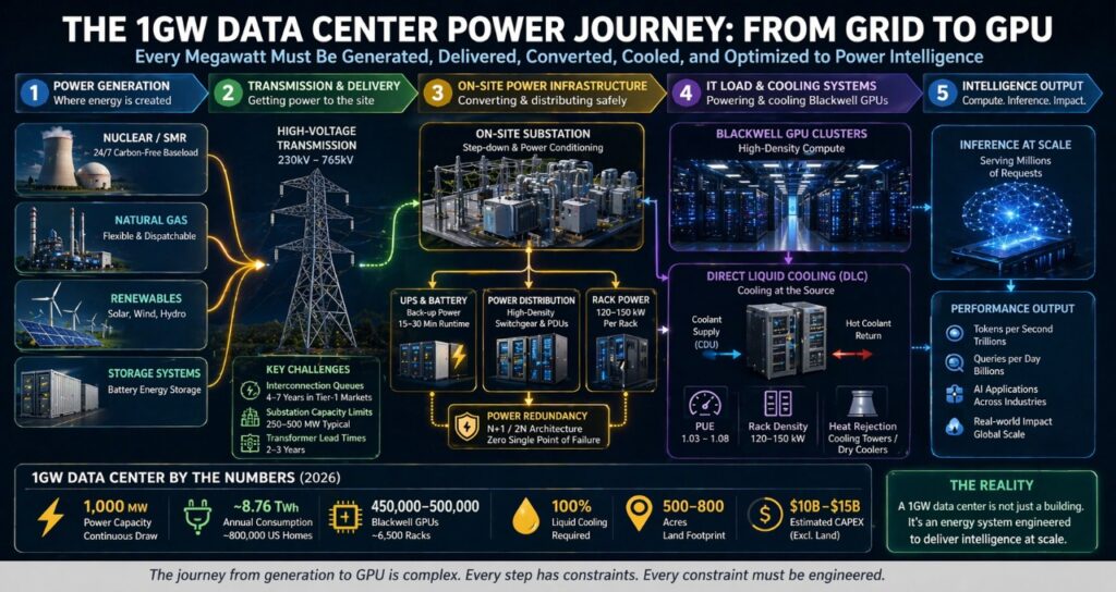 1GW data center power flow diagram from generation and transmission to Blackwell GPU clusters and AI inference systems