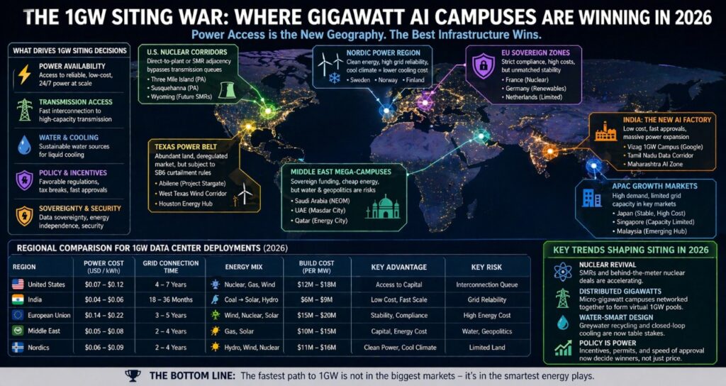 global map showing 1GW data center siting locations including US nuclear corridors India AI hubs and EU sovereign infrastructure regions