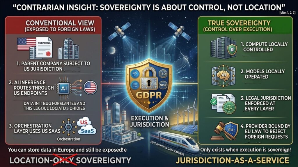A 16:9 infographic titled "'CONTRARIAN INSIGHT: SOVEREIGNTY IS ABOUT CONTROL, NOT LOCATION'." It contrasts the "CONVENTIONAL VIEW (EXPOSED TO FOREIGN LAWS)" against "TRUE SOVEREIGNTY (CONTROL OVER EXECUTION)." The left side shows how parent companies, US endpoints, or SaaS tools expose European data to foreign jurisdiction (like the US Cloud Act). The right side defines True Sovereignty as locally controlled compute and models, enforced legal jurisdiction, and providers bound by EU law to reject foreign government data requests (Jurisdiction-as-a-Service). A large central shield labeled "EXECUTION & JURISDICTION" visually divides the comparison.