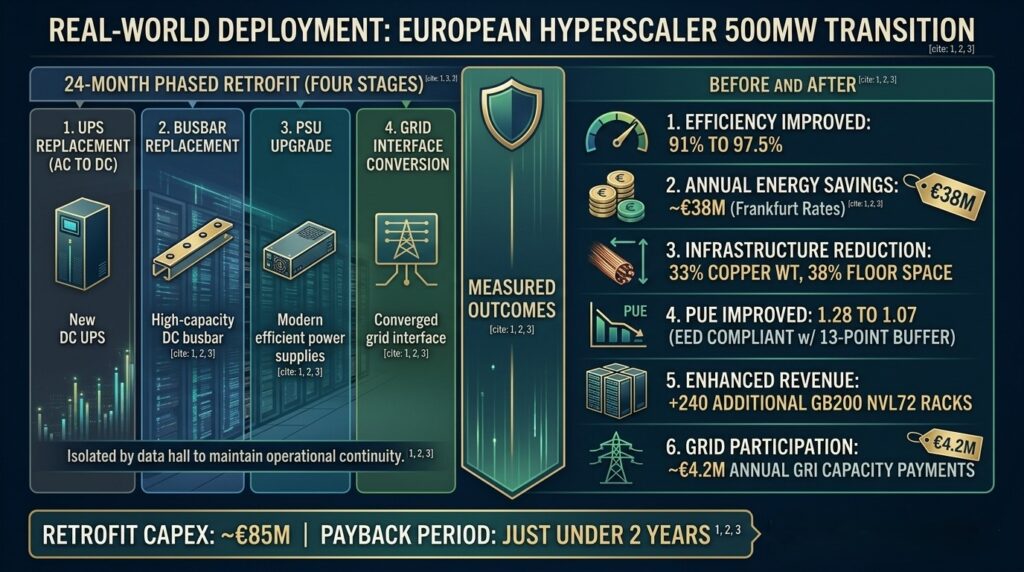 A comprehensive 16:9 infographic titled "'REAL-WORLD DEPLOYMENT: EUROPEAN HYPERSCALER 500MW TRANSITION'." It details a 24-month phased retrofit converting a data facility from 400V AC to 800V HVDC. The left column shows the four stages: UPS, Busbar, PSU, and Grid conversion, emphasizing that the process was isolated by data hall to maintain continuity. The large central shield highlights "MEASURED OUTCOMES," which include: improved system efficiency from 91% to 97.5%; €38M annual energy savings at Frankfurt rates; a 33% reduction in copper weight and a 38% reduction in power room floor space; reclaimed space redeployed for 240 additional GB200 NVL72 racks; improved PUE from 1.28 to 1.07 (EED compliant with a 13-point buffer); and €4.2M in annual grid capacity payments. The bottom banner confirms the ROI: €85M CAPEX with a payback period just under 2 years, with floor space revenue from additional GPU racks accelerating the timeline by 6 months.