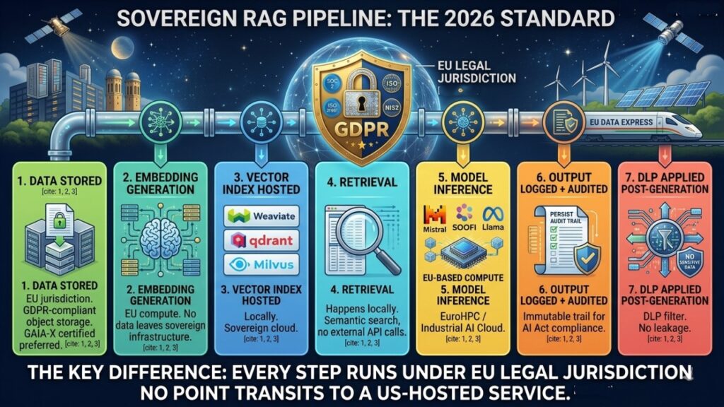 A detailed 16:9 infographic titled "Sovereign RAG Pipeline: The 2026 Standard." It visualizes a 7-step data workflow entirely under EU legal jurisdiction. The steps include: 1. Data Stored (GDPR-compliant), 2. Embedding Generation (EU compute), 3. Vector Index Hosted (Weaviate, Qdrant, Milvus), 4. Retrieval (Local), 5. Model Inference (Mistral, SOOFI, Llama on EuroHPC), 6. Output Logged & Audited (AI Act compliance), and 7. DLP Applied (No data leakage). The design features a premium tech-journalism aesthetic with a central GDPR shield and high-speed data-mesh backgrounds.
