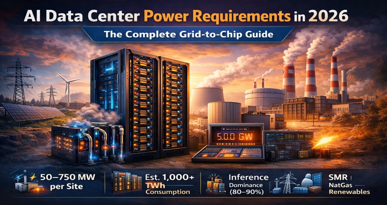 AI data center power infrastructure in 2026 showing grid connection, SMR nuclear energy, liquid cooling systems, and hyperscale GPU clusters