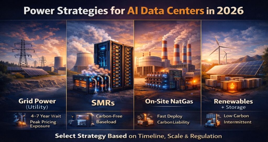 comparison of AI data center power strategies including grid power, SMR nuclear, natural gas, and renewable energy with storage in 2026