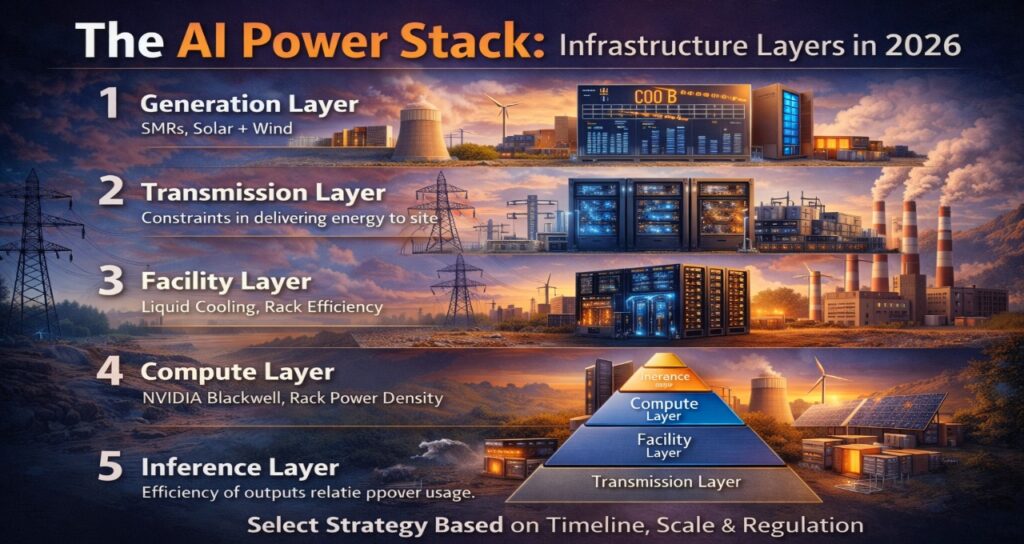 AI Power Stack framework showing generation, transmission, facility, compute, and inference layers in modern data center infrastructure