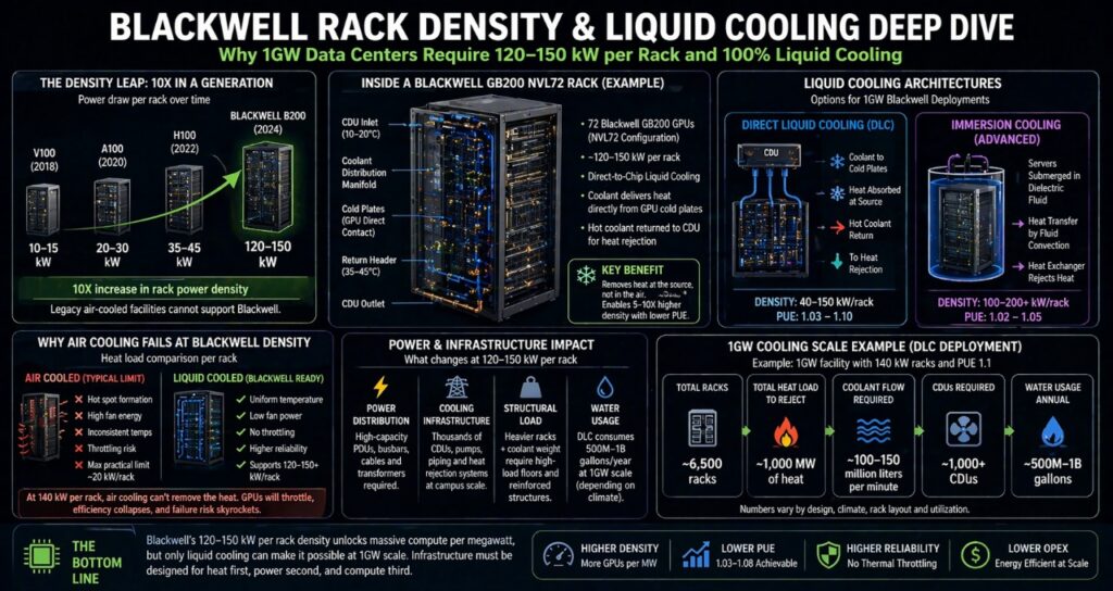 NVIDIA Blackwell rack density 120-150kW per rack with direct liquid cooling architecture in 1GW data center