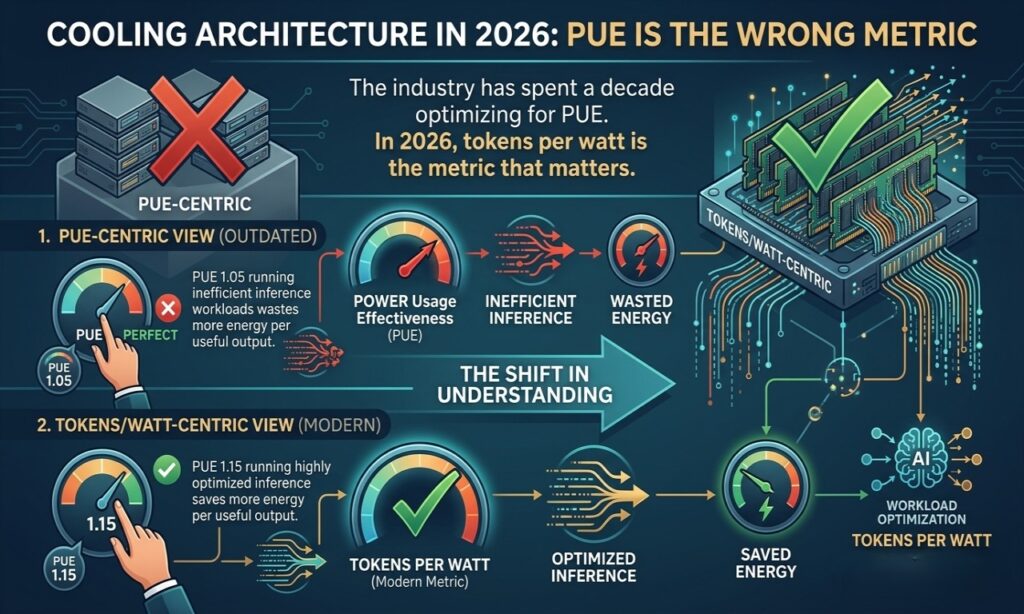 A 16:9 infographic titled "Cooling Architecture in 2026: PUE Is the Wrong Metric." It illustrates a "Shift in Understanding" from the outdated PUE-centric view to the modern Tokens/Watt-centric view.