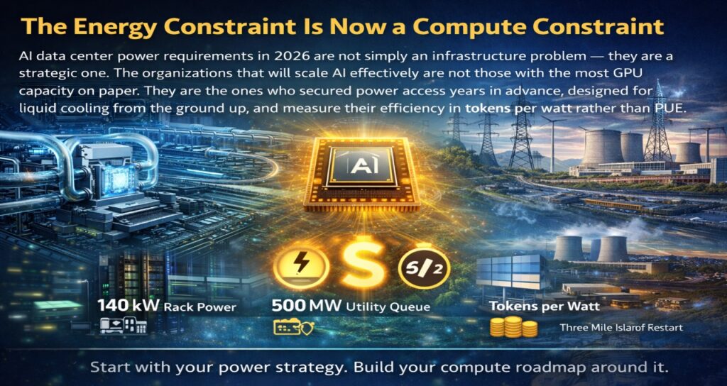 AI data center power constraints in 2026 showing 140kW rack density, 500MW grid demand, and tokens per watt efficiency with liquid cooling and energy infrastructure