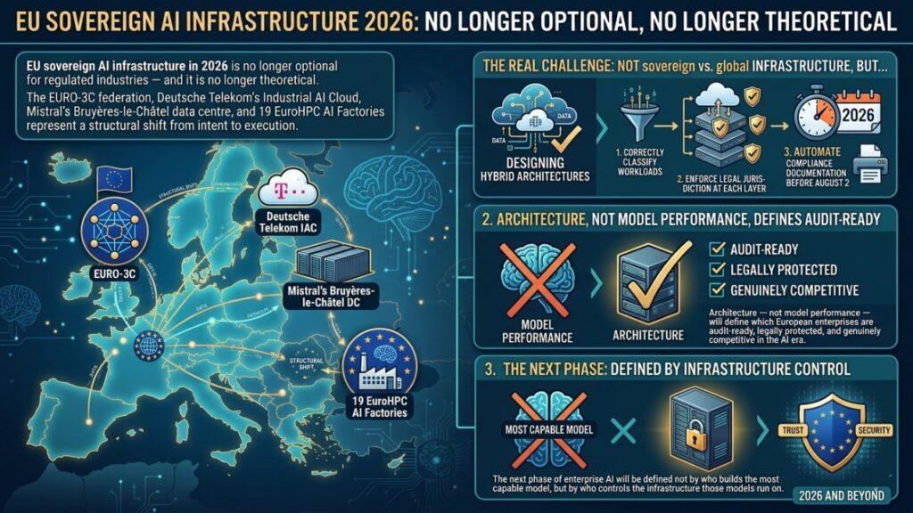 A technical 16:9 infographic titled "EU Sovereign AI Infrastructure 2026: No Longer Optional, No Longer Theoretical."Left Side: A map of Europe highlighting key sovereign assets including the EURO-3C federation, Deutsche Telekom's Industrial AI Cloud, Mistral's Bruyères-le-Châtel data center, and 19 EuroHPC AI Factories.Right Side: A three-step framework for the "Real Challenge":Designing hybrid architectures that correctly classify workloads.Enforcing legal jurisdiction at each layer to remain "Audit-Ready" and "Legally Protected."Automating compliance documentation before the August 2nd deadline.Bottom Section: A strategic comparison stating that the next phase of AI is defined by "Infrastructure Control" and "Architecture" rather than just "Model Performance."