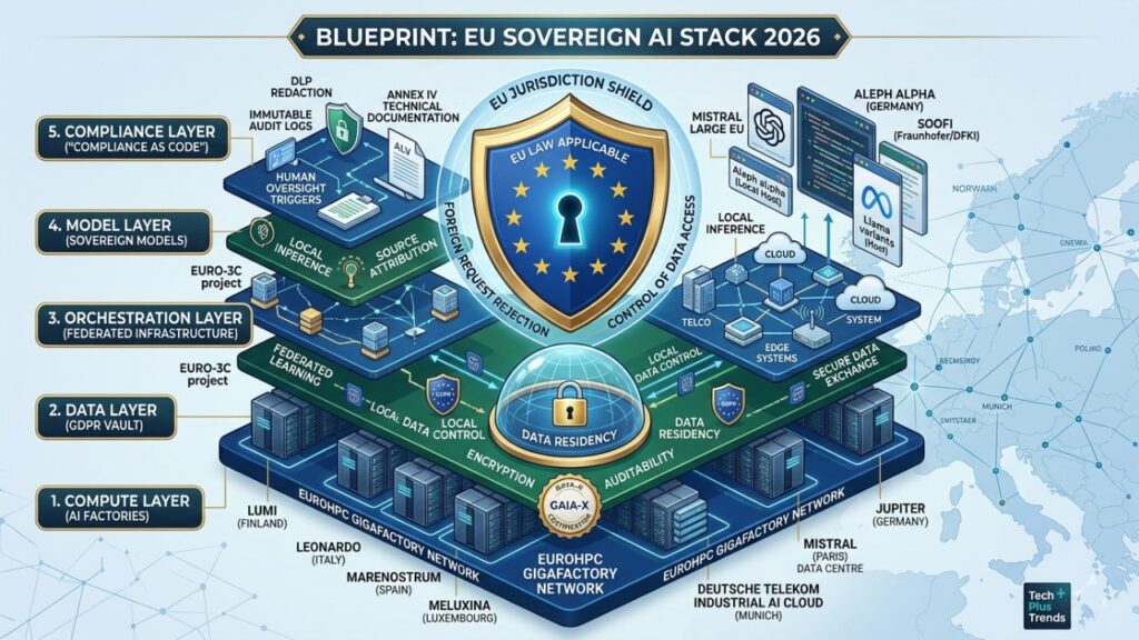 An intricate isometric blueprint diagram illustrating the 2026 EU Sovereign AI Infrastructure Stack. The visualization details five integrated layers: 1. Compute Layer (EuroHPC AI Factories, Mistral Paris DC, DT Munich), 2. Data Layer (GDPR Vault, GAIA-X), 3. Orchestration Layer (EURO-3C project), 4. Model Layer (SOOFI, Aleph Alpha, Mistral), and 5. Compliance Layer (Annex IV, DLP Redaction). The entire architecture is unified under the EU Jurisdiction Shield.