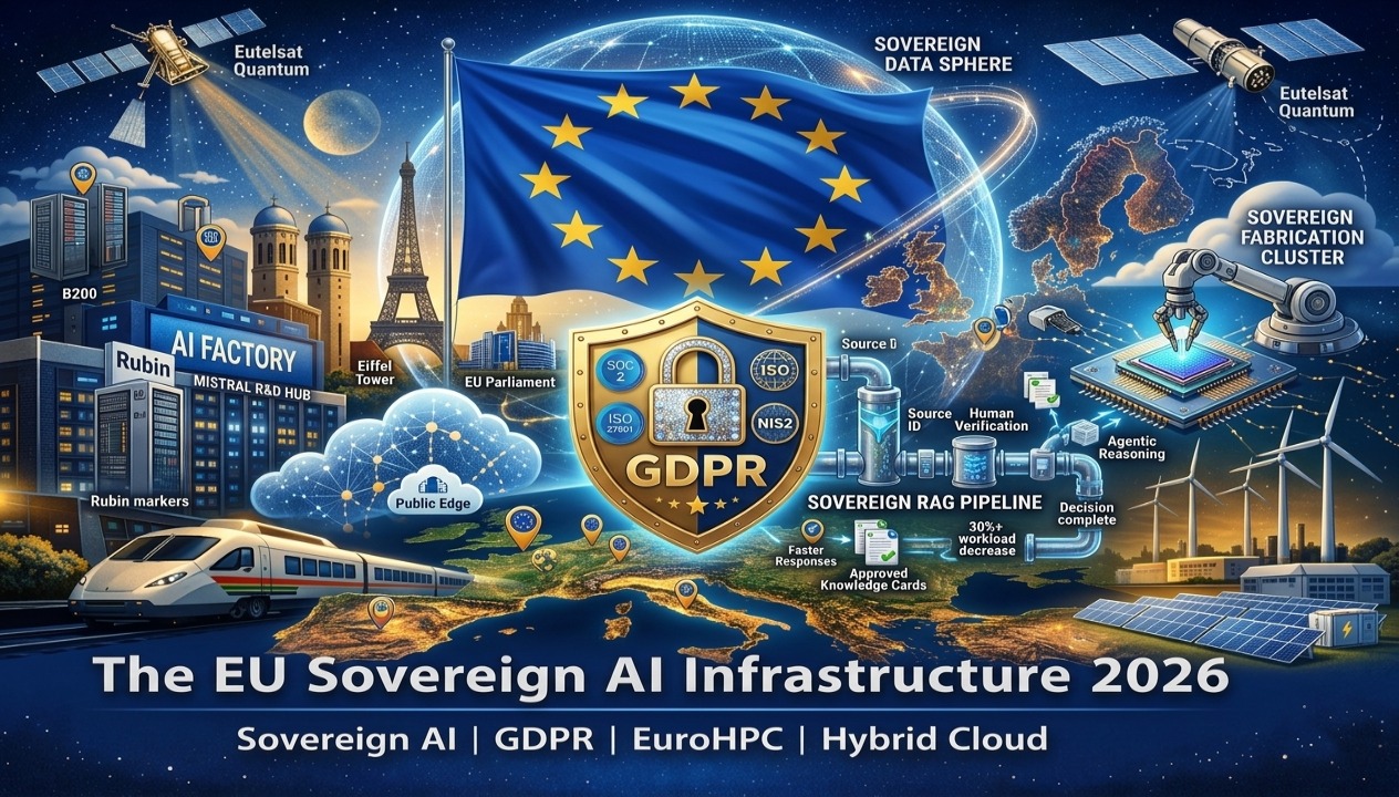 EU sovereign AI infrastructure stack diagram showing AI factories, GDPR data layer, EuroHPC compute network and hybrid cloud architecture in 2026