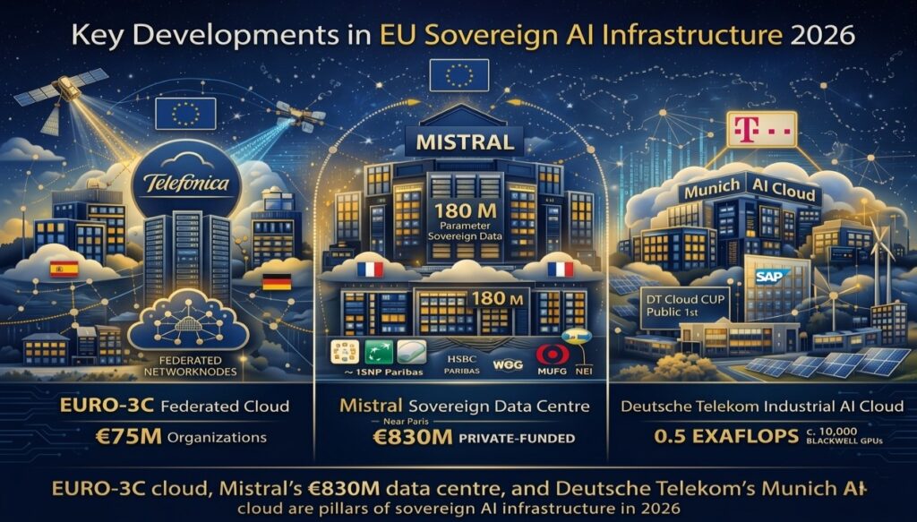 This diagram explains the EURO-3C project launched in 2026, a federated AI infrastructure connecting telecom, edge, and cloud systems across Europe. It enables cross-border compute while maintaining local data sovereignty, making it a foundational layer of the EU sovereign AI infrastructure stack.