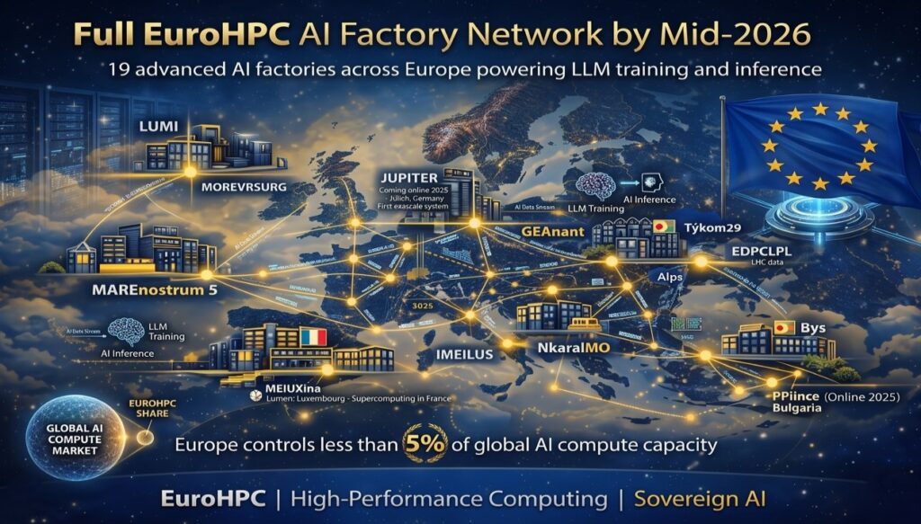 This visual map highlights the EuroHPC AI factory network, which includes 19 operational or planned high-performance computing centers across Europe. These AI factories provide sovereign compute infrastructure for large-scale AI workloads, forming the backbone of Europe’s AI capabilities.