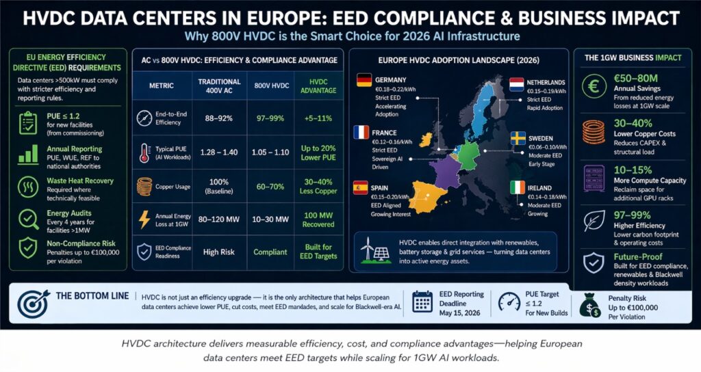 HVDC data center Europe EED compliance 2026 showing 800V DC efficiency, reduced copper usage and 1GW AI infrastructure benefits