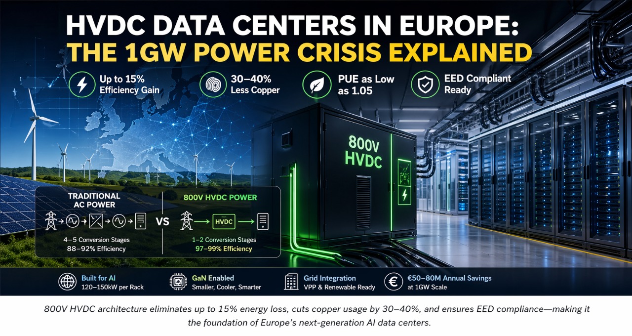 HVDC data center Europe 800V architecture powering 1GW AI infrastructure with high efficiency and reduced energy loss in 2026