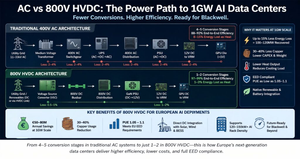 comparison of 400V AC vs 800V HVDC data center power systems showing efficiency, conversion stages and heat loss differences