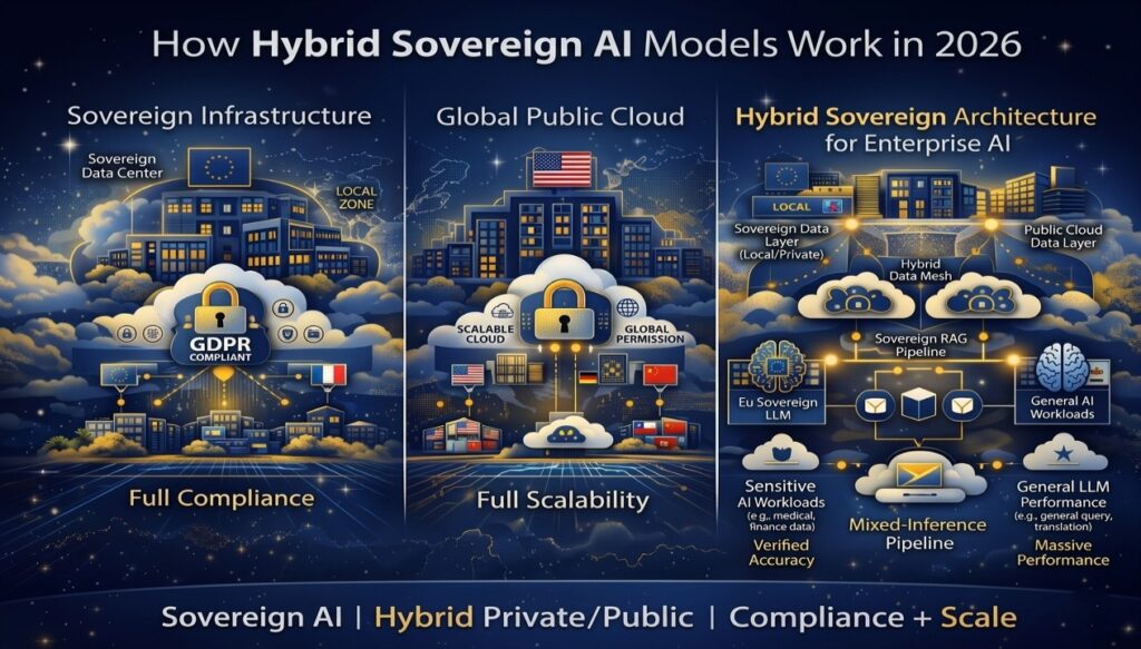 Hybrid sovereign AI architecture showing EU compliant infrastructure for sensitive data and global cloud platforms for scalable AI workloads