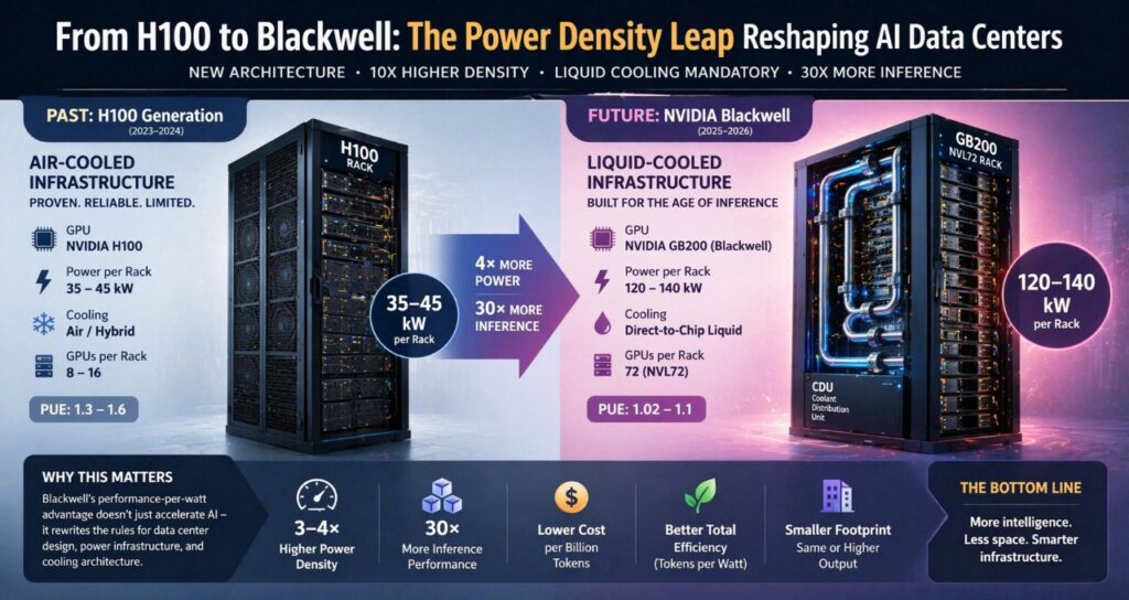 NVIDIA Blackwell GB200 rack power consumption diagram showing 150kW density, liquid cooling system, and AI data center infrastructure in 2026