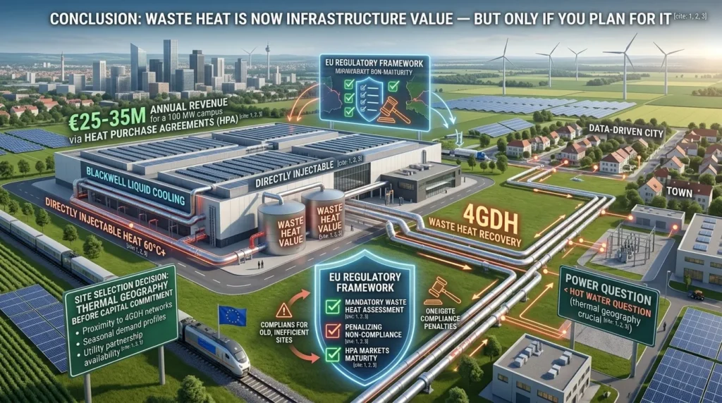 A 16:9 infographic titled "CONCLUSION: WASTE HEAT IS NOW INFRASTRUCTURE VALUE — BUT ONLY IF YOU PLAN FOR IT." It presents a massive, modern European AI data center integrated with a 4th Generation District Heating (4GDH) ecosystem. A central narrative flow connects the thermal physics of "Blackwell Liquid Cooling" (producing directly injectable heat at 60°C+) to two main value drivers:Revenue Generation: A bold green banner declares "€25–35M ANNUAL REVENUE for a 100 MW campus via HEAT PURCHASE AGREEMENTS (HPA)". Large vertical tanks are labeled "WASTE HEAT VALUE" with integrated sub-icons for "RECOVERY EFFICIENCY", "ENERGY EXPORT", and "COMMUNITY WARMTH".Regulatory Compliance: A complex illuminated graphic shield represents the "EU REGULATORY FRAMEWORK". It features glowing checkmarks and icons for: "MANDATORY WASTE HEAT ASSESSMENT", "PENALIZING NON-COMPLIANCE" (with a gavel and penalty fees), and "HPA MARKETS MATURITY". A separate warning shows: "COMPLIANCE PENALTIES FOR OLD, INEFFICIENT SITES" (gavel with crossed-out checkmark).
