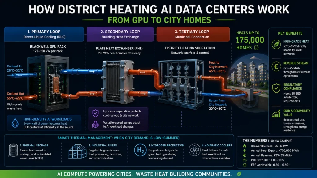 Three-loop thermal architecture connecting AI data center liquid cooling systems to municipal district heating networks