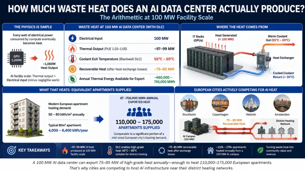 AI data center waste heat infographic showing 100 MW facility thermal output, recoverable heat, and district heating potential for European apartments