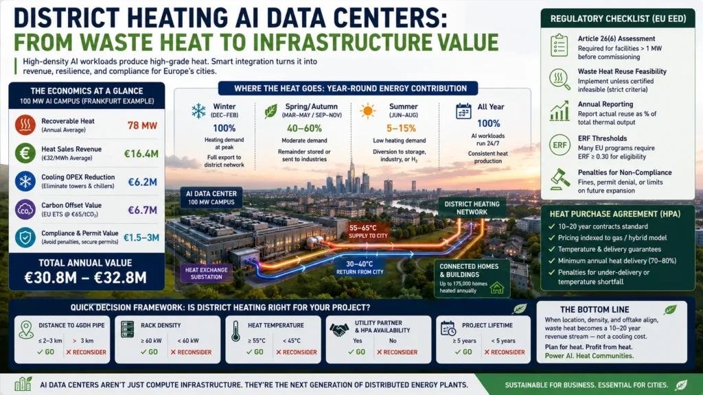 Economic model of district heating AI data centers showing heat sales revenue HPA contracts and ERF benefits in Europe