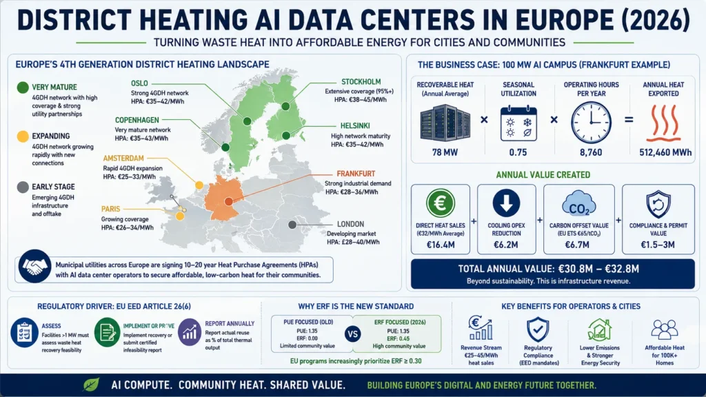 European cities deploying district heating AI data centers including Stockholm Frankfurt Amsterdam Helsinki and Copenhagen