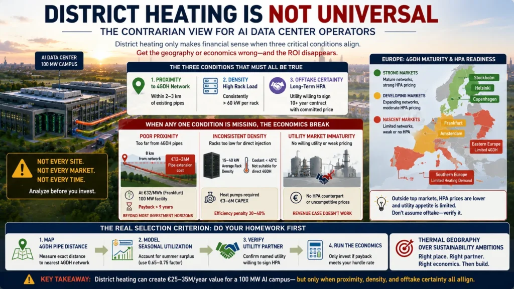 District heating AI data centers in Europe 2026 showing why heat recovery is not universal, based on 4GDH proximity, rack density, and heat purchase agreement viability