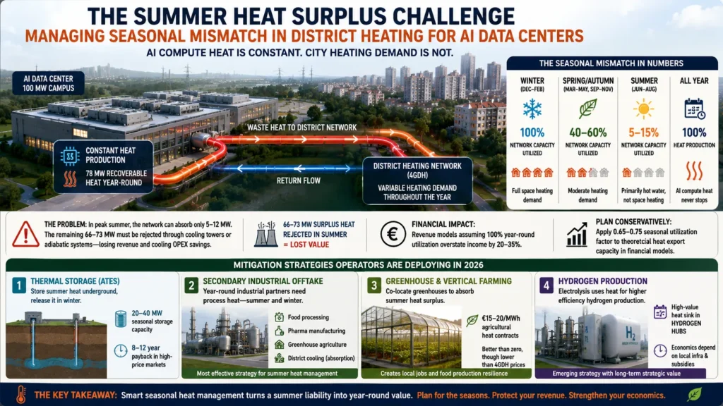 AI data center summer heat surplus challenge showing 100 MW district heating network mismatch, seasonal demand drop, thermal storage, greenhouse and hydrogen reuse in 2026 Europe