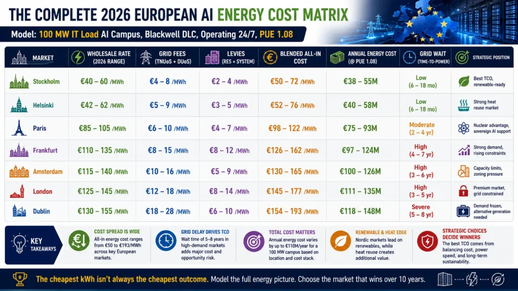 2026 European AI data center energy cost matrix comparing Stockholm, Helsinki, Paris, Frankfurt, Amsterdam, London, and Dublin across wholesale electricity rates, grid fees, levies, annual energy cost, grid connection wait times, and strategic positioning