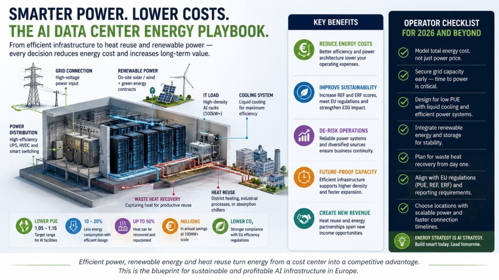 AI data center energy strategy showing renewable power, efficient cooling, heat recovery, and cost reduction methods