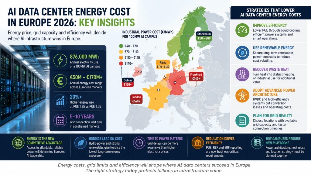 Europe AI data center energy cost map showing electricity prices, grid capacity, and regional differences